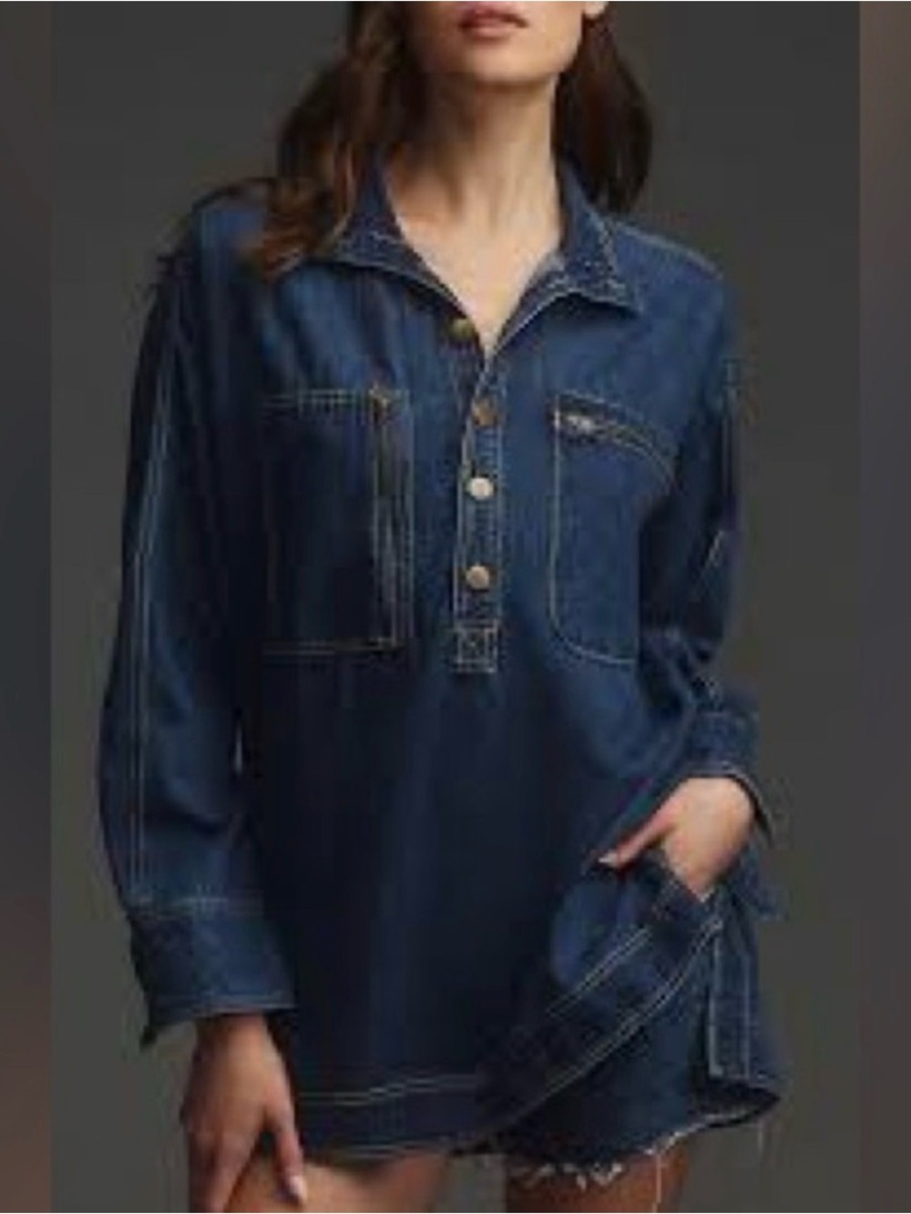 Anthropologie Pilcro Dark Blue Denim Half Button Pullover Tunic